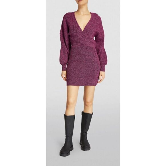 GANNI Puff-Sleeved Mini Dress in Carmine Rose NWT Size Medium - Picture 1 of 16